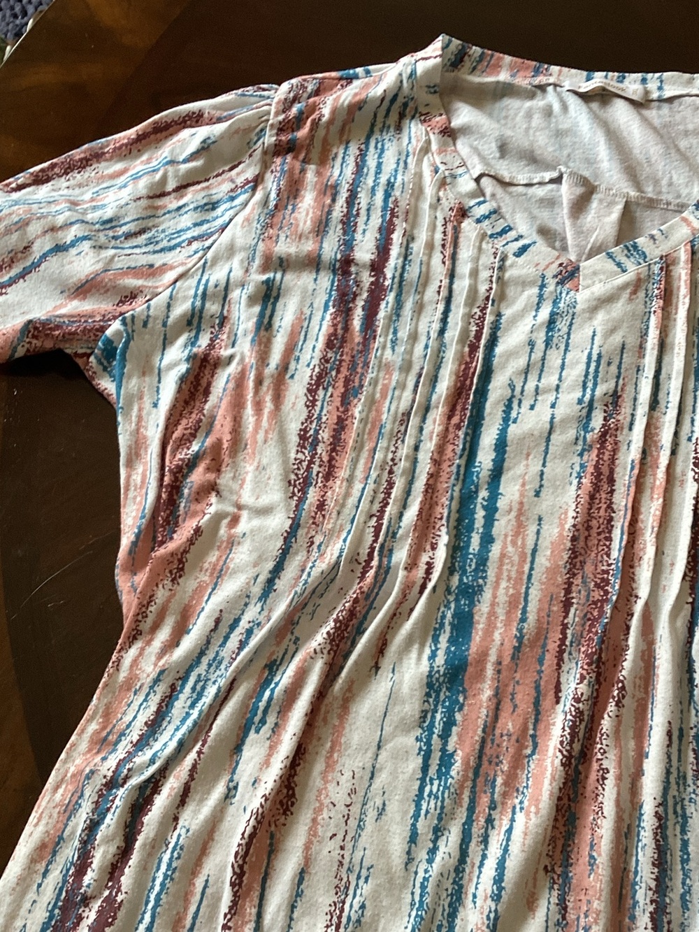 Girls' V-Neck Short Sleeve Top in Cream with Blue & Pink Stripes